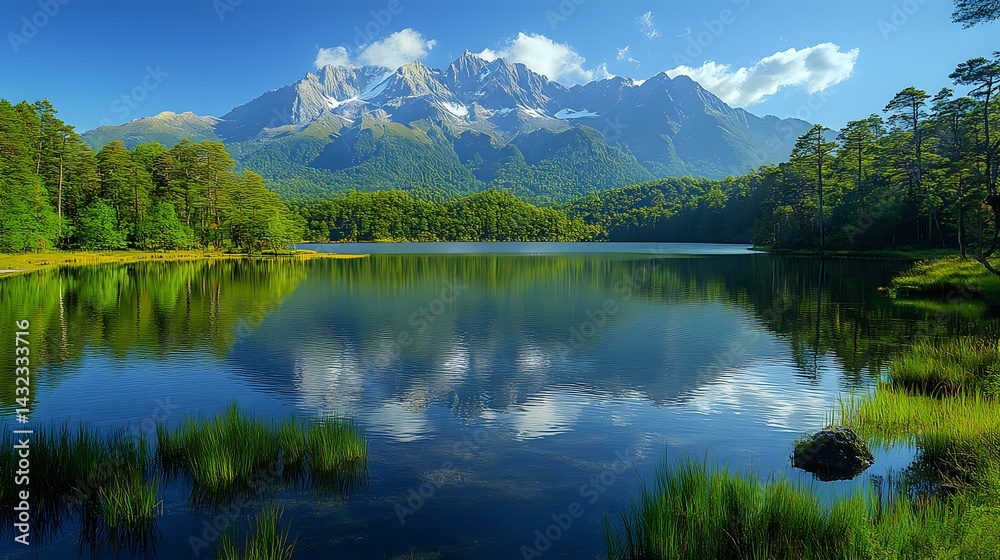 Fototapeta premium Serene mountain lake surrounded by lush forest with snow-capped peaks reflected in calm waters and vibrant green grass along shoreline creates peaceful landscape.