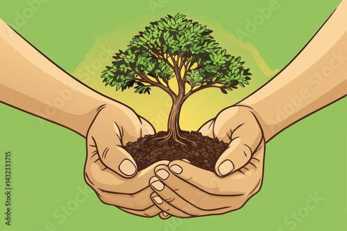 Tender hands cradle a delicate sapling, symbolizing environmental protection and the nurturing of new life.  Let nature breathe.
