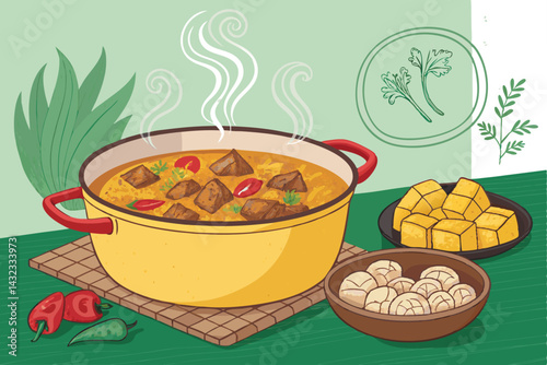 Steaming pot of rich, flavorful Gulai with tender meat, accompanied by fragrant ketupat rice cakes, creating a smoky, appetizing scene.