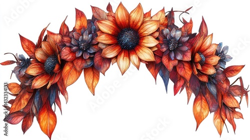 Autumnal floral arch.  A decorative, stylized floral archway, featuring vibrant autumnal colored sunflowers and leaves, arranged in a semicircular design. 