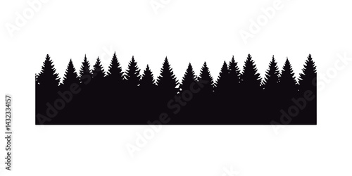 Pine Tree Forest Black Silhouette Border. Woodland Silhouette Background. 
