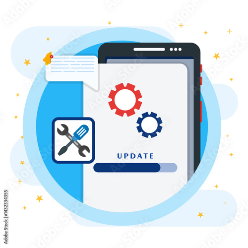 Loading update process on smartphone screen with screwdriver key and bubble of notification. System software and data update. Repair or update concept. 