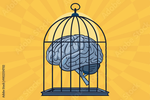 A human brain, intricately detailed, is trapped inside a rusty metal cage secured by a complex padlock.  The cage is shadowed, suggesting confinement. Caption needed.