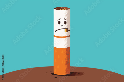 A close-up shot of a burnt-out cigarette stub, standing upright in an ashtray, resembling a defeated soldier; emphasizing texture and ash.