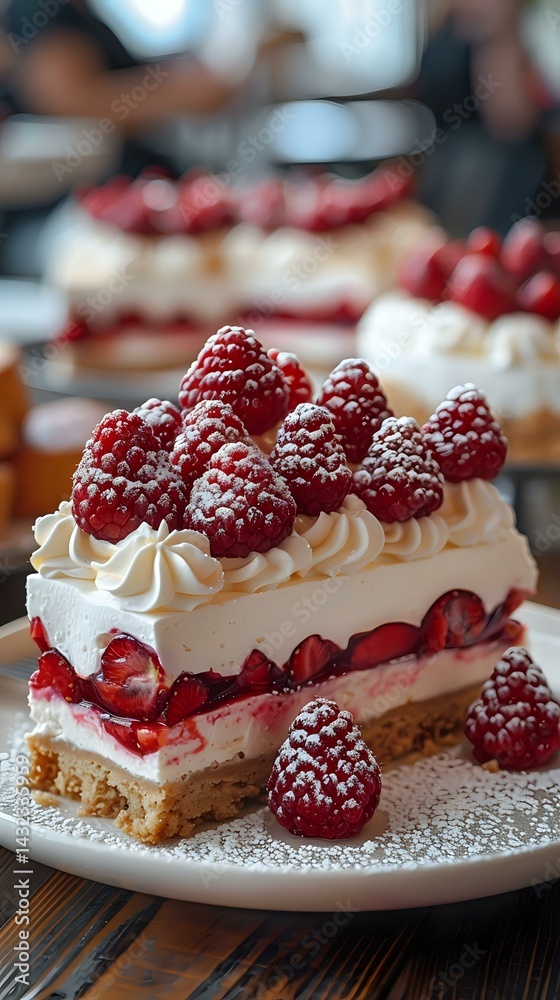 custom made wallpaper toronto digitalFresh raspberry cheesecake slice with whipped cream rosettes and powdered sugar dusting on white plate, layered dessert showing red fruit filling and cookie base.