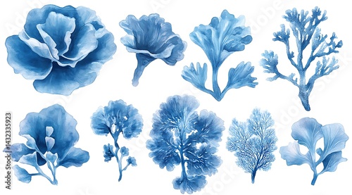 Fototapeta Naklejka Na Ścianę i Meble -  A set of blue coral elements in watercolor style on a white background.