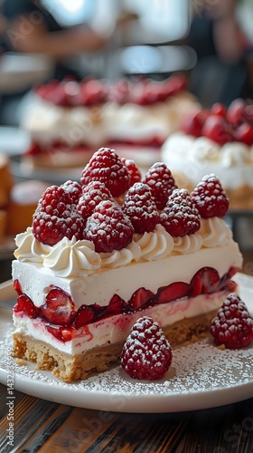 Wallpaper Mural Fresh raspberry cheesecake slice with whipped cream rosettes and powdered sugar dusting on white plate, layered dessert showing red fruit filling and cookie base. Torontodigital.ca