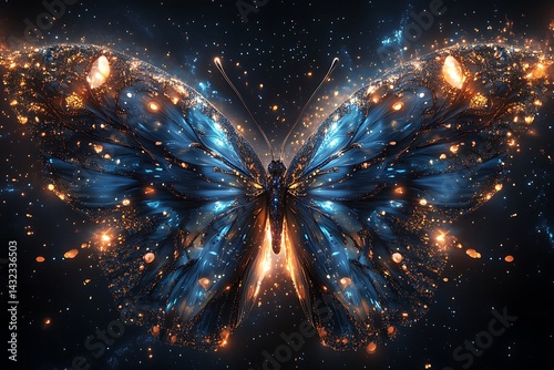 Glowing butterfly in space radiates light, symbolizing transformation and growth for spiritual use