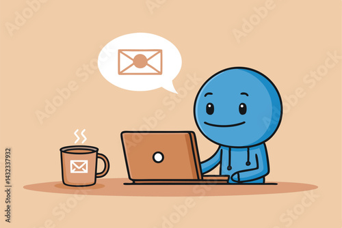 A cheerful cartoon character, possibly a businessman, sits at a desk, happily checking emails on a laptop while enjoying a steaming mug of coffee.