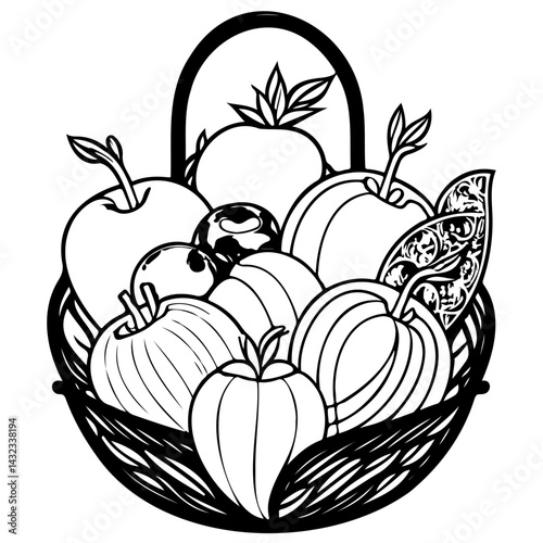 Outlined fruit basket illustration embodying freshness and simplistic design