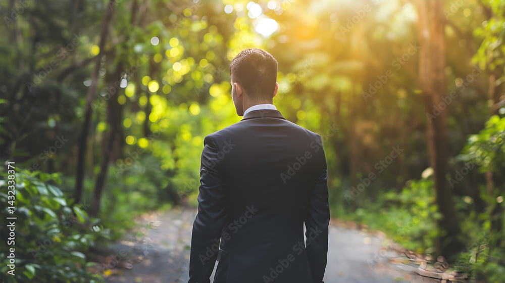 Man in suit walking away on path surrounded by green trees and sunlight in the background outdoors Man in suit walking away on path surrounded by green trees and sunlight in the background outdoors