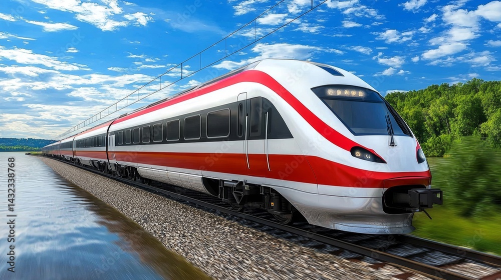 Fototapeta premium A dynamic train journey under clear blue skies