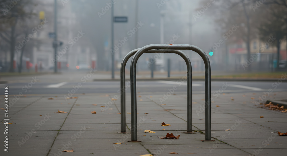 Solitude And Silence Awaits Empty Bike Rack In Urban Fogscape Solitude And Silence Awaits Empty Bike Rack In Urban Fogscape