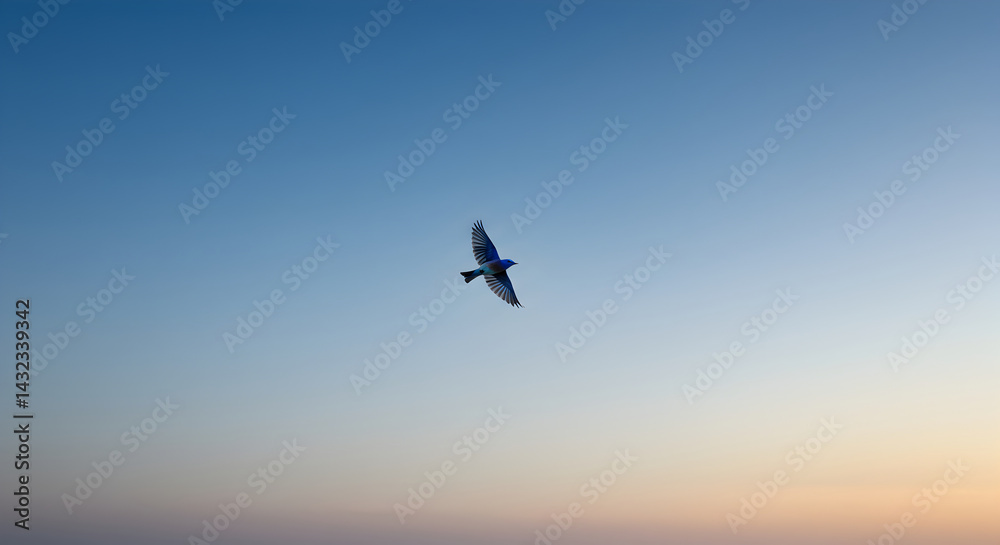 Fototapeta premium Soaring Through Azure Skies A Single Bird's Flight Against The Dawn
