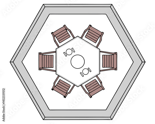 Hexagonal Gazebo Plan with Table and Six Chairs Layout