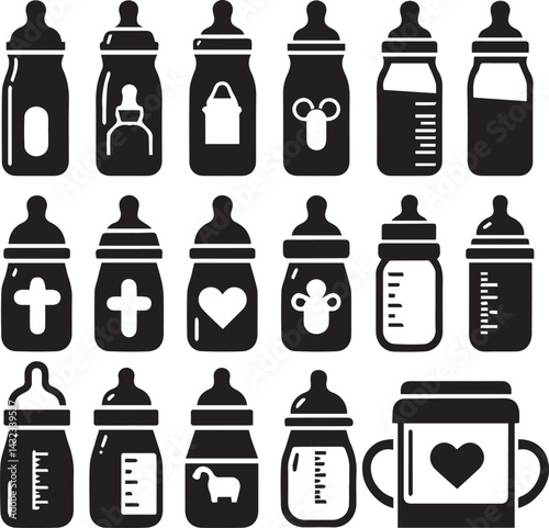 Baby bottle set logo silhouette vector