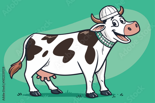 A cheerful cartoon cow wearing a traditional Islamic taqiyah, smiling broadly, showcasing a joyful expression.