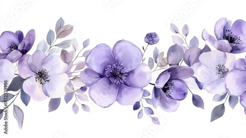 Fototapeta Naklejka Na Ścianę i Meble -  Delicate purple watercolor flowers create a seamless border design.