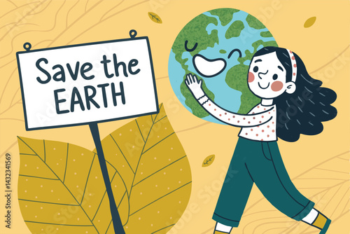 A cute cartoon girl with bright eyes holds a "Save the Earth" sign, smiling cheerfully.  She's surrounded by lush green plants.