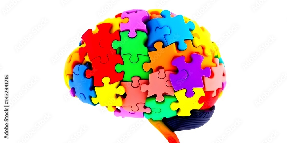 symbolizing the complexities of memory and cognitive function, neurology, Colorful puzzle pieces forming the shape of a human brain