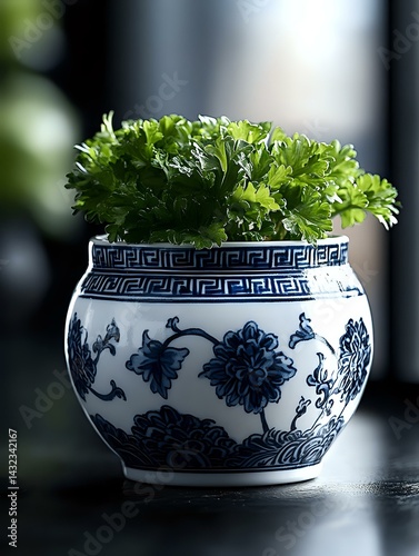 Fresh parsley in traditional blue and white ceramic pot with oriental floral pattern, dramatic lighting on dark background creates elegant home decor atmosphere.
