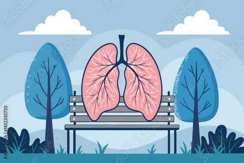 Two cartoon lungs, vibrant and healthy, happily sit on a park bench, deeply inhaling fresh, clean air, sunlight beaming down.