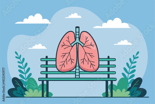 Two cartoon lungs, happy and rosy-cheeked, sit on a park bench, deeply inhaling fresh air from a nearby blooming flower.