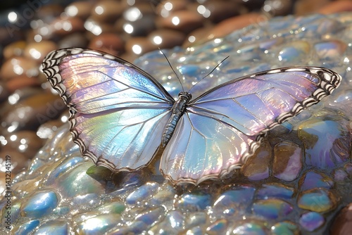 Butterfly resting on shiny rock formation in outdoor scene for nature, wildlife concepts