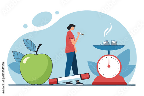 Cartoon illustration depicting a person struggling to choose between a healthy apple and a cigarette, showcasing internal conflict.