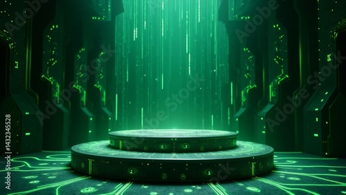 Futuristic green platform in an immersive tech-filled environment displaying data