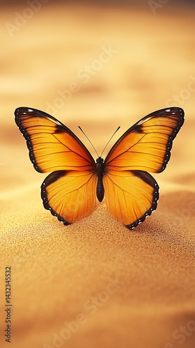 Orange butterfly resting on yellow sand dunes with blurred background. For natural themes
