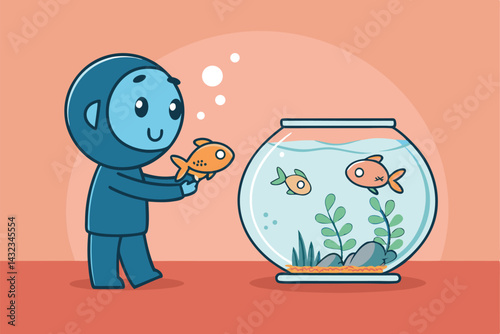 Create a charming cartoon illustration of a person happily feeding colorful fish in a large, vibrant aquarium.  Solid, bold outlines are preferred.