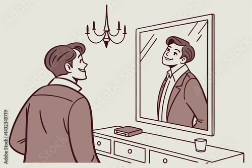 Vector illustration of a narcissistic man looking at himself in the mirror, representing self-love and vanity. Ideal for psychology, self-care, and personality concepts.