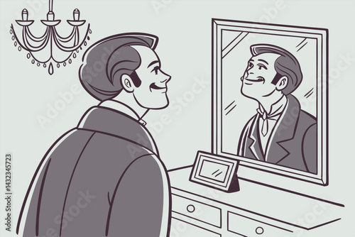Vector illustration of a narcissistic man looking at himself in the mirror, representing self-love and vanity. Ideal for psychology, self-care, and personality concepts.