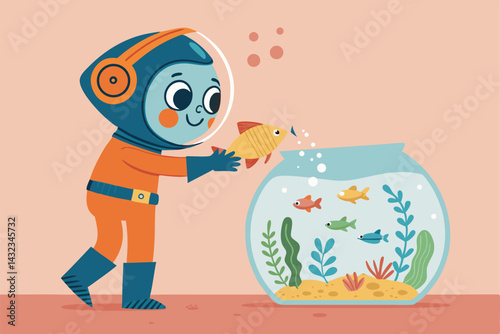 Create a solid-colored cartoon illustration of a person cheerfully feeding fish in a home aquarium.  The scene should be simple and visually appealing.