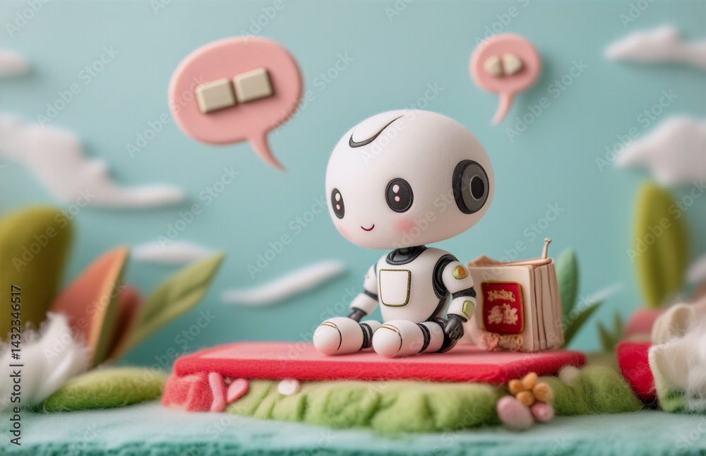 Obraz premium A cute, small robot with a cheerful expression sits on a red platform, with a speech bubble. The scene is set in a whimsical, cartoon-like outdoor environment.