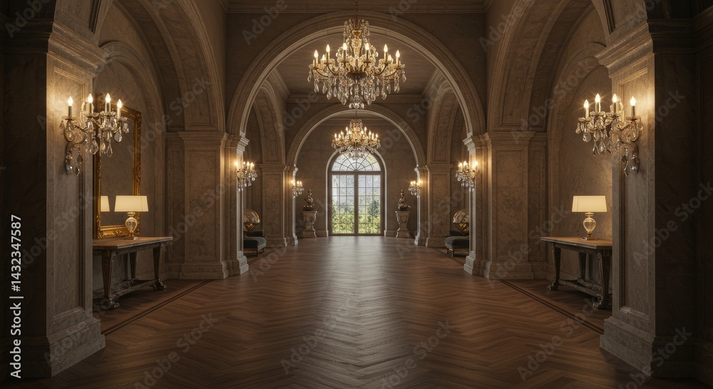 Obraz premium Elegant Hallway with Chandeliers and Arches