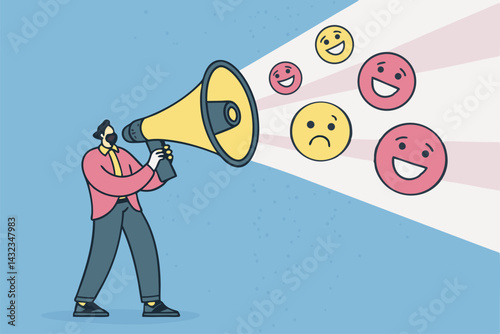 A vibrant cartoon character, mouth wide open, forcefully projecting various emojis instead of speech.  Illustrative style, bright colors.