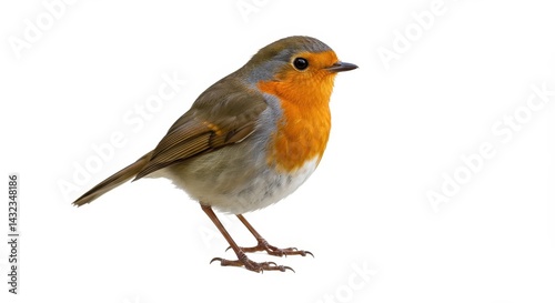 A small robin perched on its feet with an orange chest and grey feathers against a white background