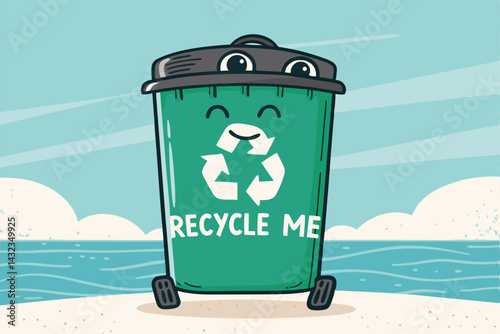 A cheerful cartoon trash can proudly displays a "Recycle Me" banner, emphasizing the importance of recycling and waste management.