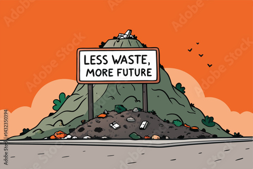 A whimsical cartoon illustration of a trash mountain with a "Less Waste" sign, emphasizing environmental pollution and waste management.  Morally instructive.