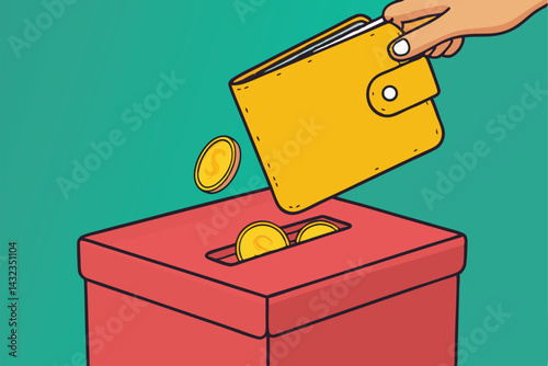 A cheerful cartoon wallet joyfully emptying its coin contents into a donation box.  Illustrate generosity and charitable giving.