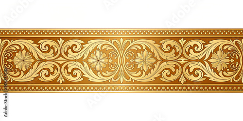 Wide Ornate Golden Decorative Panel with Floral Pattern Isolated on Transparent Background