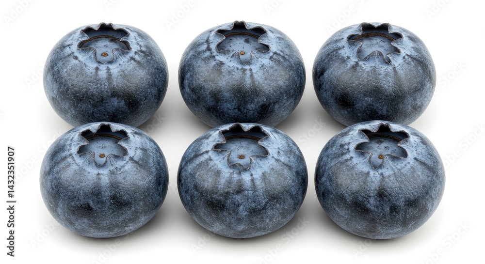 Obraz premium A close up shot of six blueberries arranged in two rows on a plain white surface with good lighting