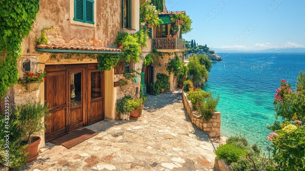 Fototapeta premium Coastal village alleyway with vibrant colors