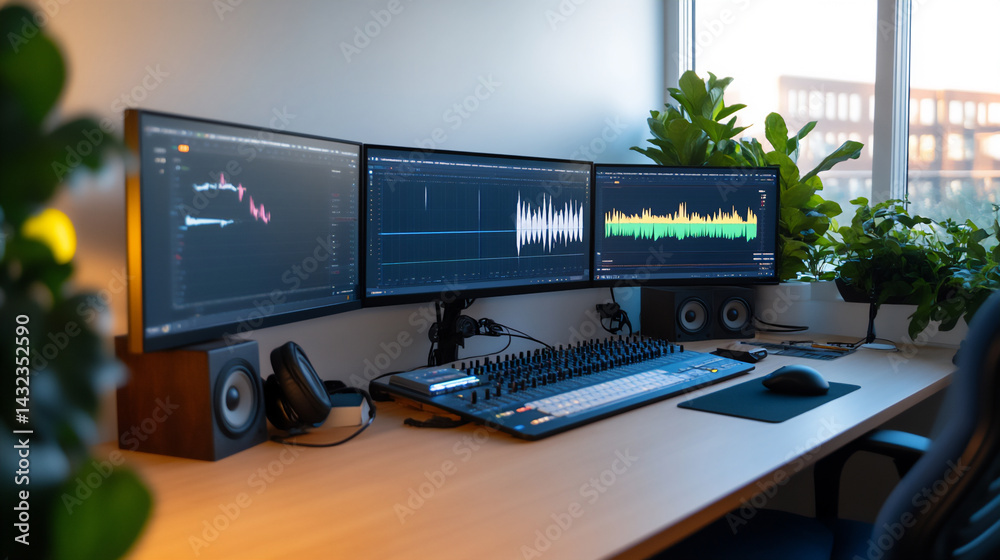 Naklejka premium indie podcast editing suite with multiple monitors and audio waveforms,