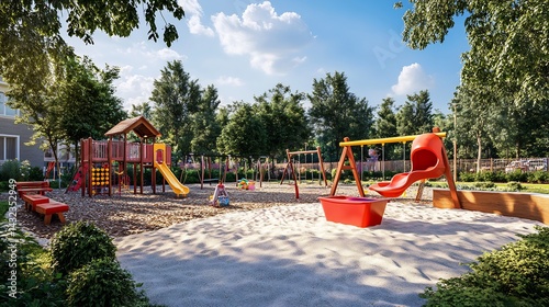 Sunny Day Playground: Vibrant Wooden Play Structures and Sandy Fun