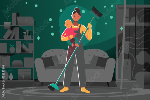 A busy parent expertly multitasks, mopping the floor with one hand while cradling a baby in the other, showcasing the challenges and joys of parenthood.