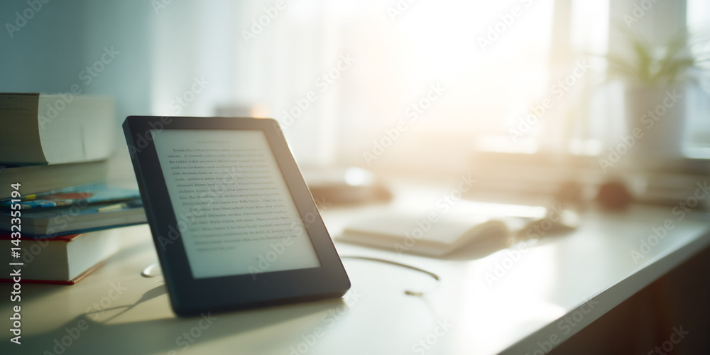 minimalist desk with e-reader and soft morning light, minimalist desk with e-reader and soft morning light,