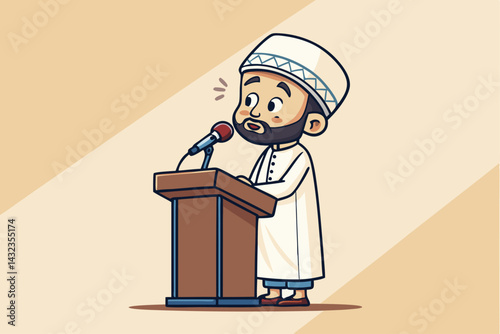Create a chibi-style illustration of an Imam delivering a sermon about sacrifice, emphasizing his kind expression and peaceful demeanor.  Include subtle details suggesting a mosque setting.